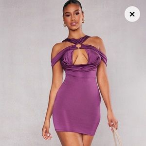 Prettylittlething plum bardot cowl bodycon dress